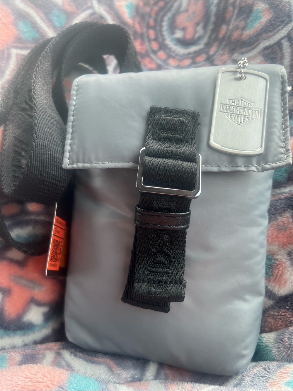 Harley Davidson, NWT utility phone bag crossbody in grey and black nylon